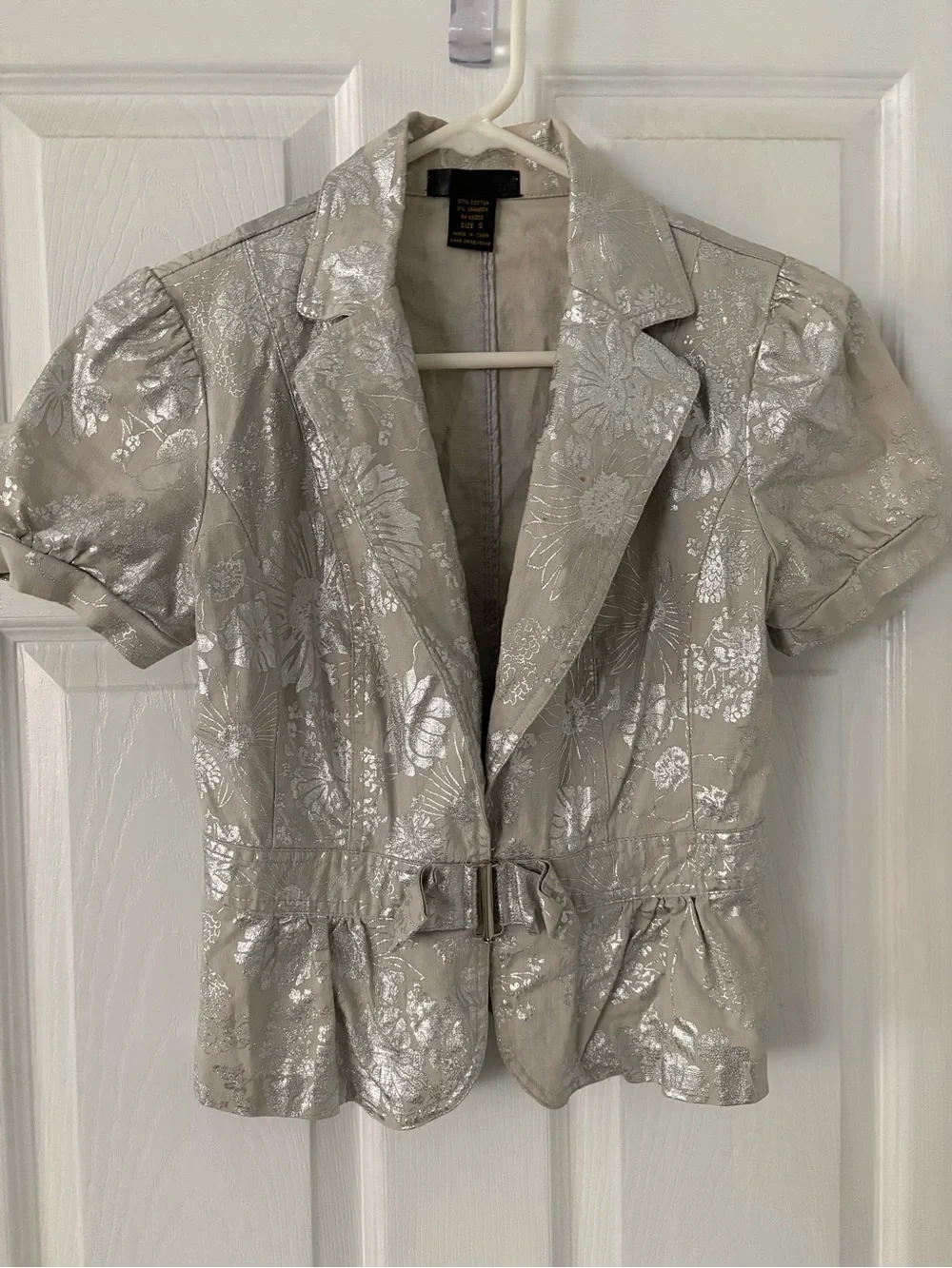 Silver Floral Brocade Peplum Blazer Belted Puff Sleeve Y2K Size S